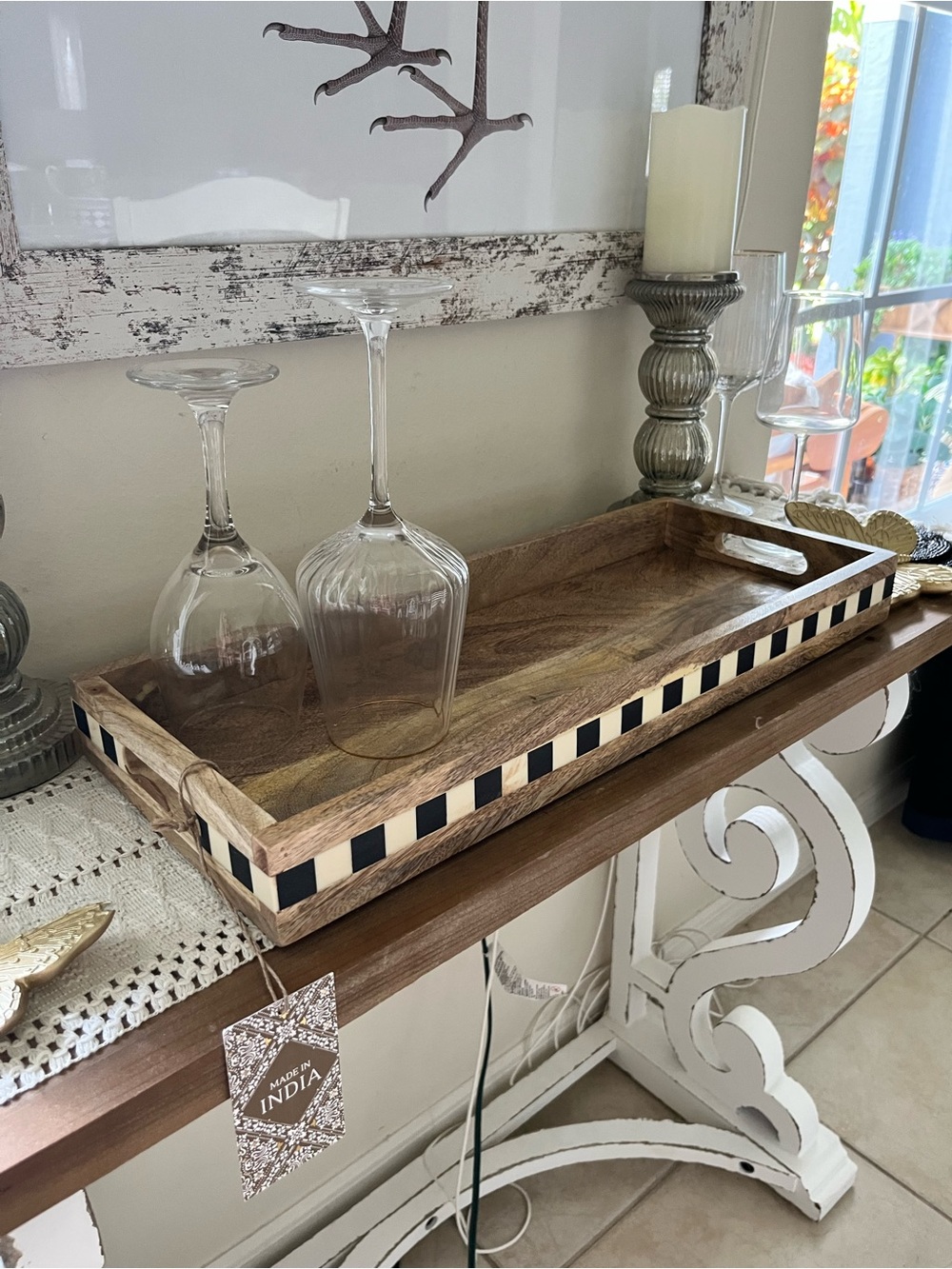 Handcrafted Wood Serving Tray with Black Inlay - Natural Brown Checkered inset